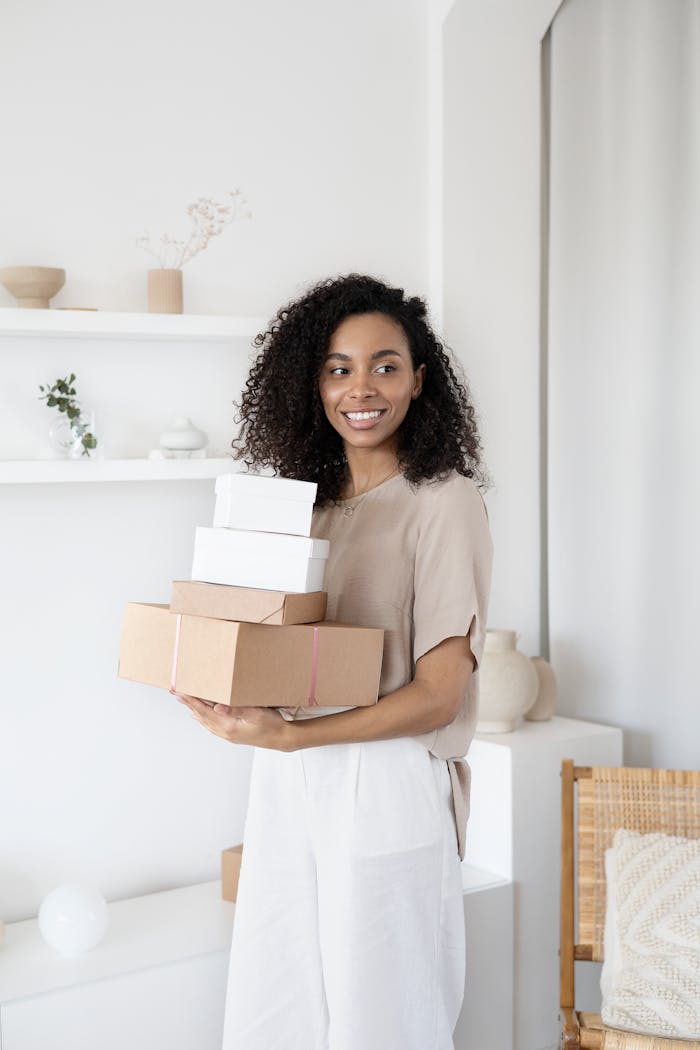 portfolio-04 Young African American woman smiling while holding cardboard boxes indoors.